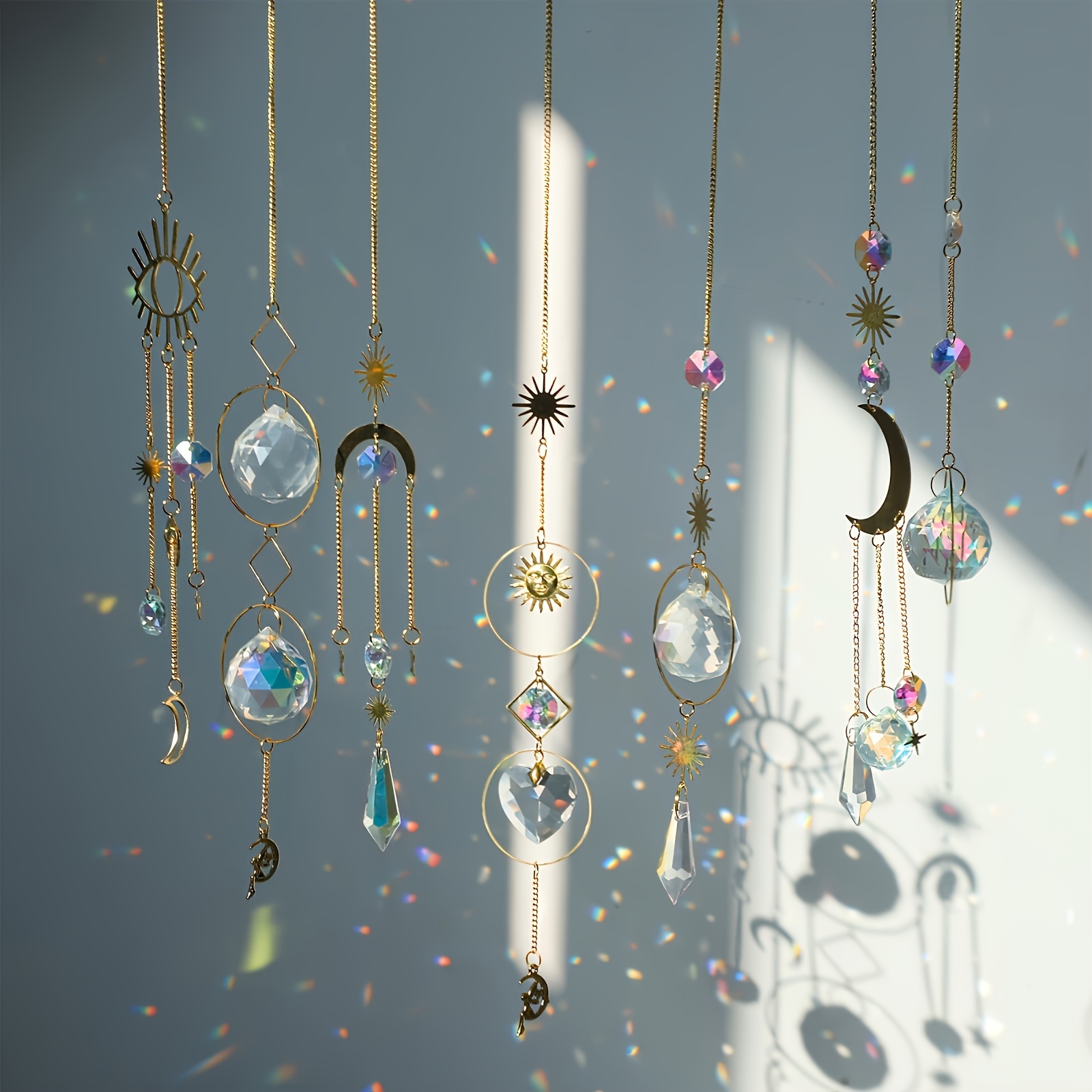 

7 Pcs Crystal Hanging Sun Catchers: Golden Moon & Star Sun Catchers With Chain, Colorful Crystal Glass Balls For Window, Bedroom, Car, Home, Garden, Office - Wedding Decoration
