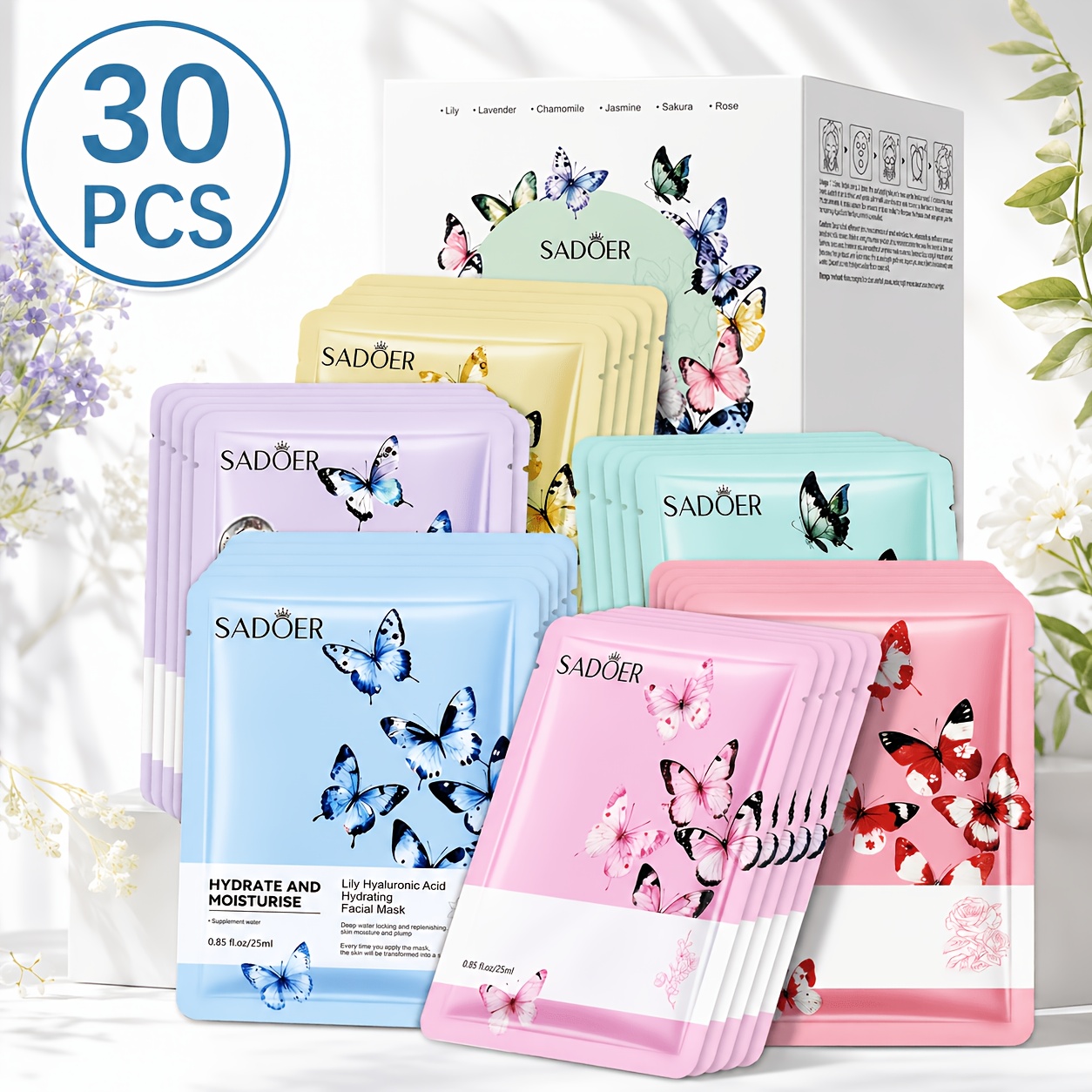 30pcs And Flower Facial Mask, Featuring Multiple Plant, A Of Butterflies And Flowers, Moisturizing And Hydrating, Travel-sized Packaging, An Ideal Present For