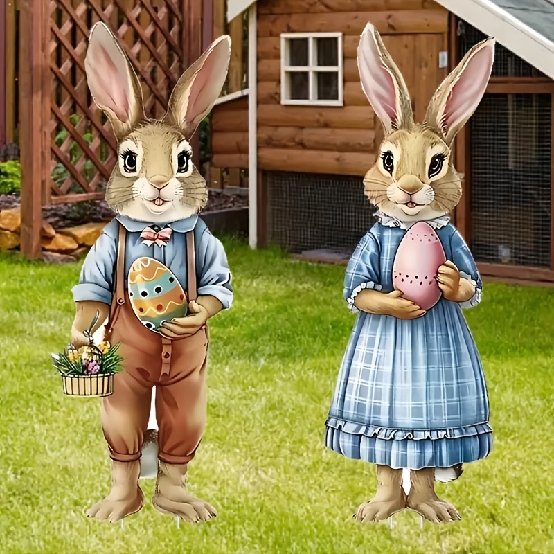 

2pcs Rustic Easter Bunny Egg Garden Stake For Outdoor, Plastic Rabbit Courtyard Decoration, Outdoor Lawn Garden Decoration