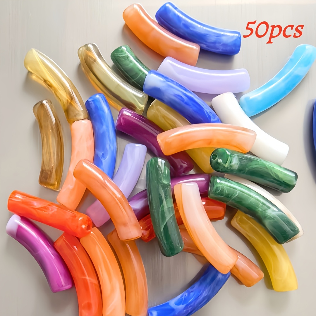 TEMU 50pcs Colorful Mixed Acrylic Jade-imitation Stone Pattern Beads 8*31mm Multicolor Curved Tube Beads Diy Craft Accessories - Suitable For