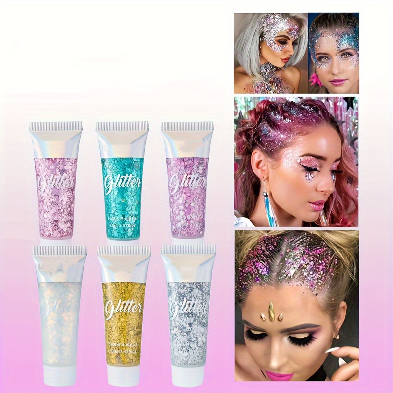 6 colori Glitter Body Gel, viso Glitter Gel per capelli Glitter Gel trucco  per donne, lunga durata scintillanti Hair Nails Makeup Festival Glitter  Cosmetic