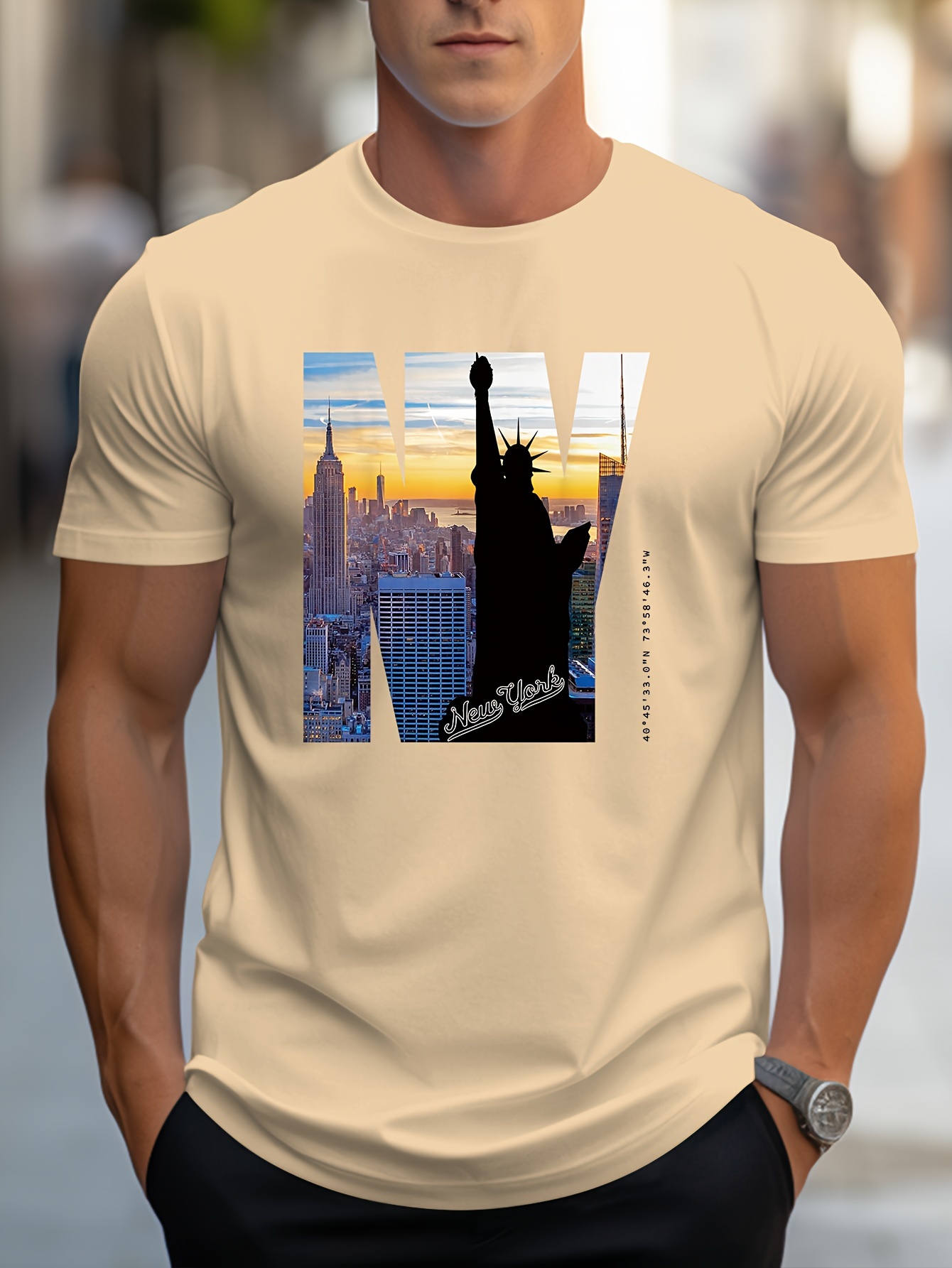 Men'S Casual Crew Neck T-Shirt with NY City Skyline Print, Alphabet Slogan, Polyester Knit Fabric, Slight Stretch, Regular Fit, Summer Wear - MBDMBD
