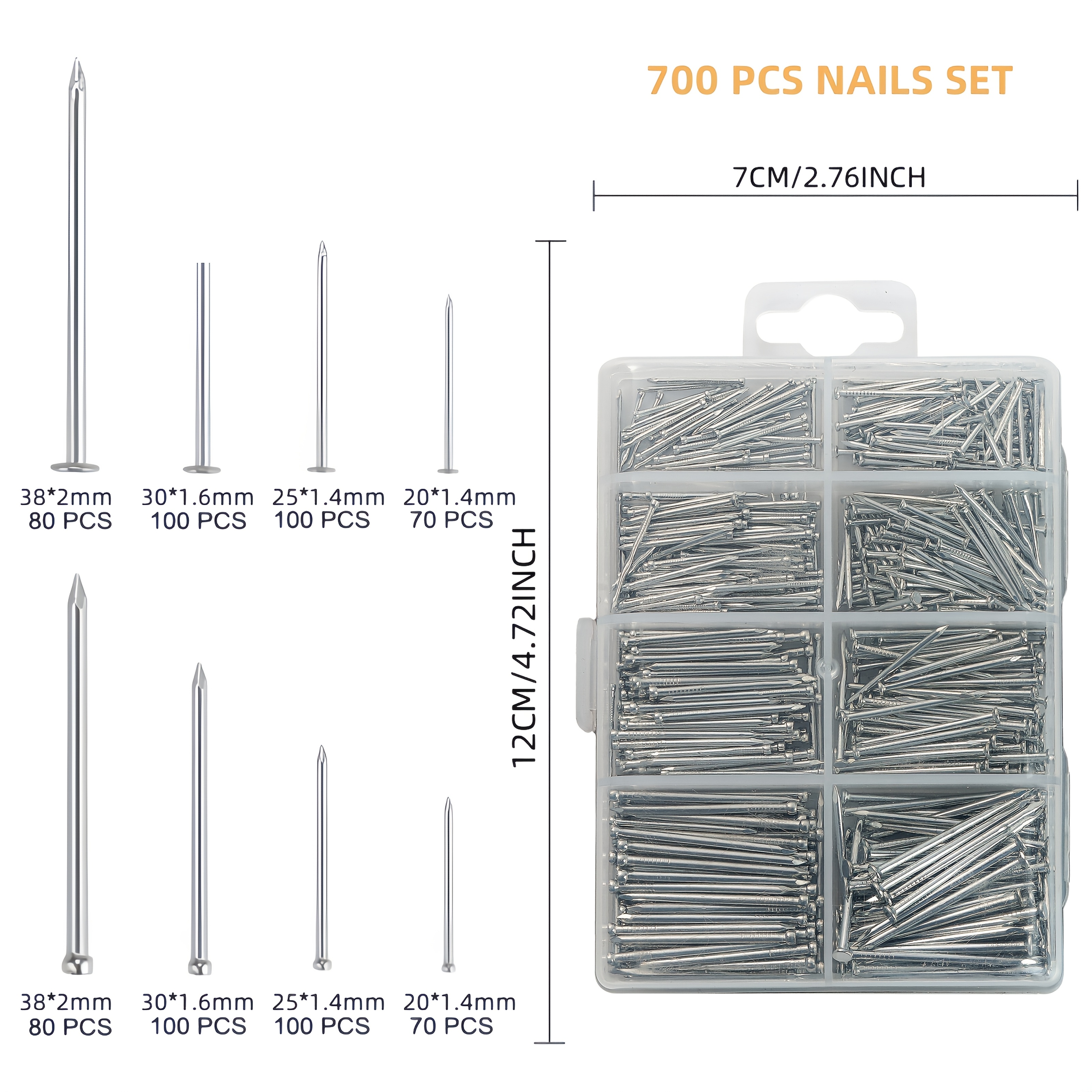 Image of 700pcs Picture Hanging 5 Nail Set, Including Wood Nail Combinations Up To 2 Inches Long, Containing 350 Traceless Nails And 350 Round Head Nails, Suitable For Drywall And Wood, Wall Art Decoration