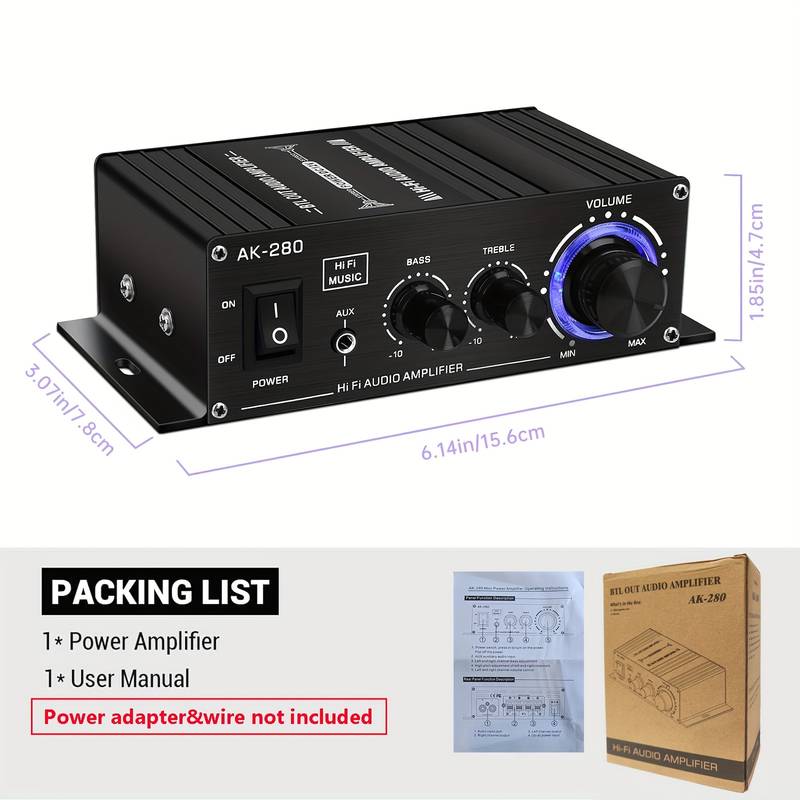 Amplificatore Audio Mini Hi-Fi 400W – 2 Canali, Alimentazione 12V DC, Impedenza 4-16Ω, Corpo In Alluminio, Manopole LED, Bassa Distorsione