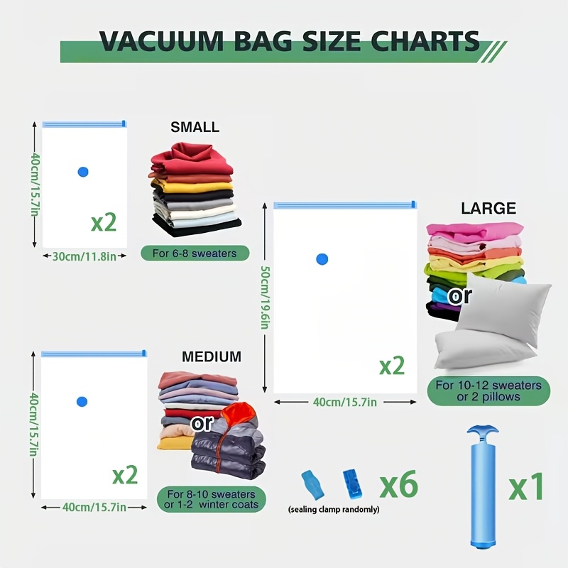 TEMU Ensemble de 13 pièces comprenant 6 sacs de compression sous vide, 6 clips de et 1 pompe à main manuelle, combinaison de diverse et compacte,