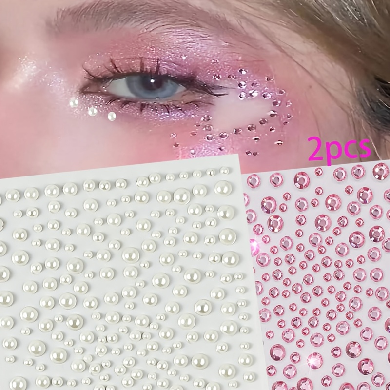 TEMU 2 Sheets Of Pink And Pearl Rhinestone Stickers For Face Decoration, Music Festivals, Y2k Parties, And Eye Makeup Additions