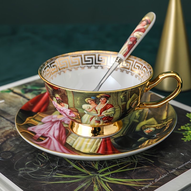 Image of Elegant European Vintage Coffee Cup And Tea Sets. 7oz. 3pcs/set Matching Saucer And Spoon. Ideal For Home Afternoon Tea And Coffee , Coffee Mug