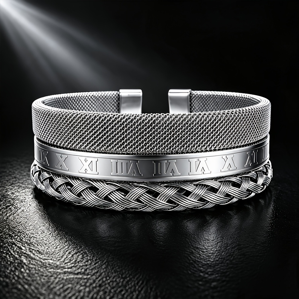 TEMU 3pcs 304 Stainless Steel Men's Bracelet Set, Roman Engraved Mesh And Braided Wire Adjustable Bracelet, Fade-resistant, Hip-hop Stackable Jewelry