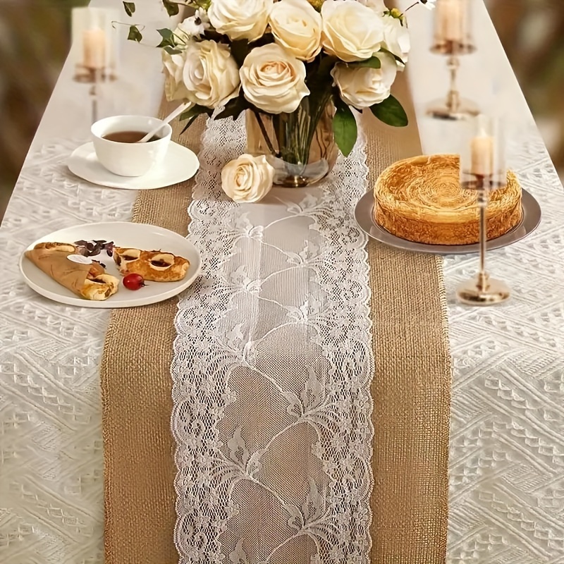 

Rustic Burlap Table Runner With White Lace - Linen Rectangular Tablecloth For Graduation, Weddings, Thanksgiving, Christmas & Parties - Farmhouse Style Home Decor