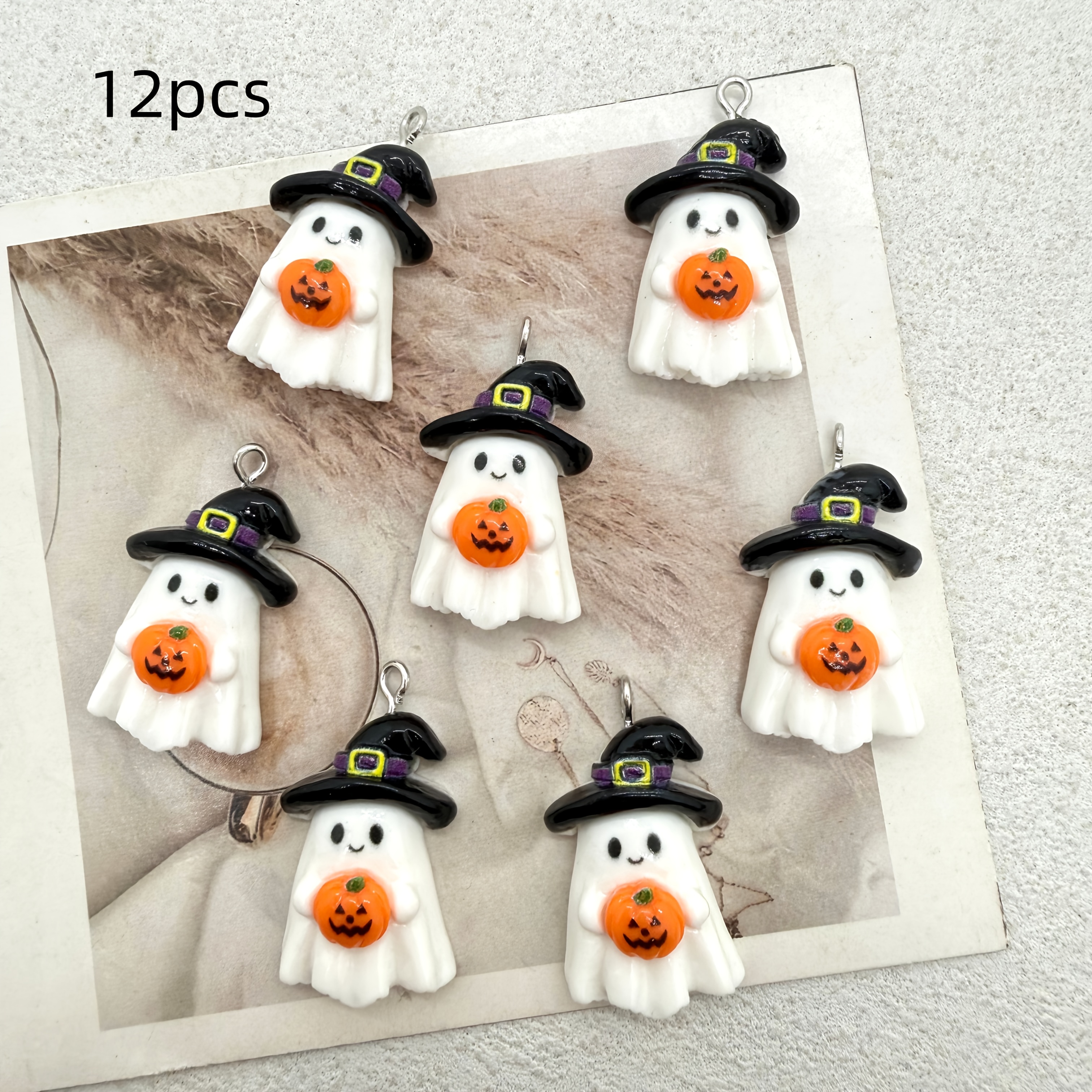 TEMU 12pcs/7pcs Resin Halloween White Pendant With Black Hat Holding Pumpkin, Suitable For Jewelry Making, Perfect For Party Additions, Earrings,