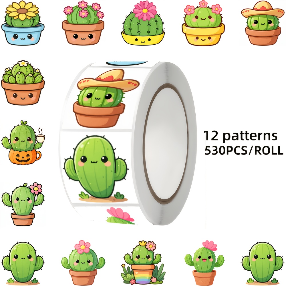 TEMU 530pcs Cute Cactus Themed Stickers, 12 Pattern Designs, Suitable For Packaging Decoration, Laptops, Tablets, Notebooks, Envelopes, Gift Boxes,