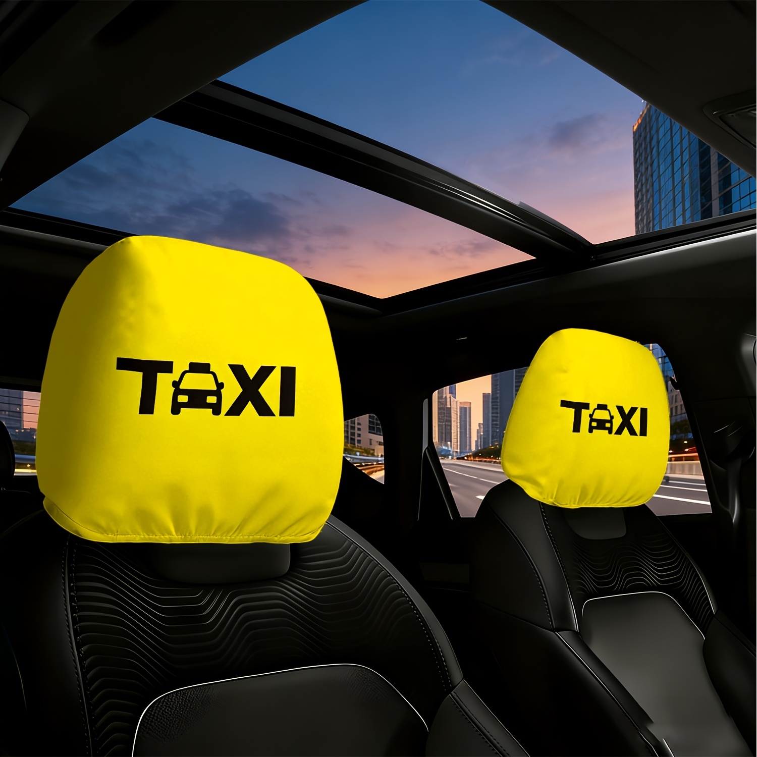 TEMU 2pcs 2d Printed Yellow Background Cab Logo Theme Universal Seat Headrest Cover () - For Car Interior Decoration, Daily And Travel, Durable And