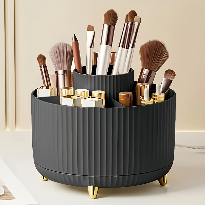 

360° Rotating Cosmetic Organizer - Polished Makeup Storage Holder With 5 Compartments, Lightweight, Multi-functional For Brushes, Lipsticks, Skincare, And Desk Stationery - Plastic Desk Caddy