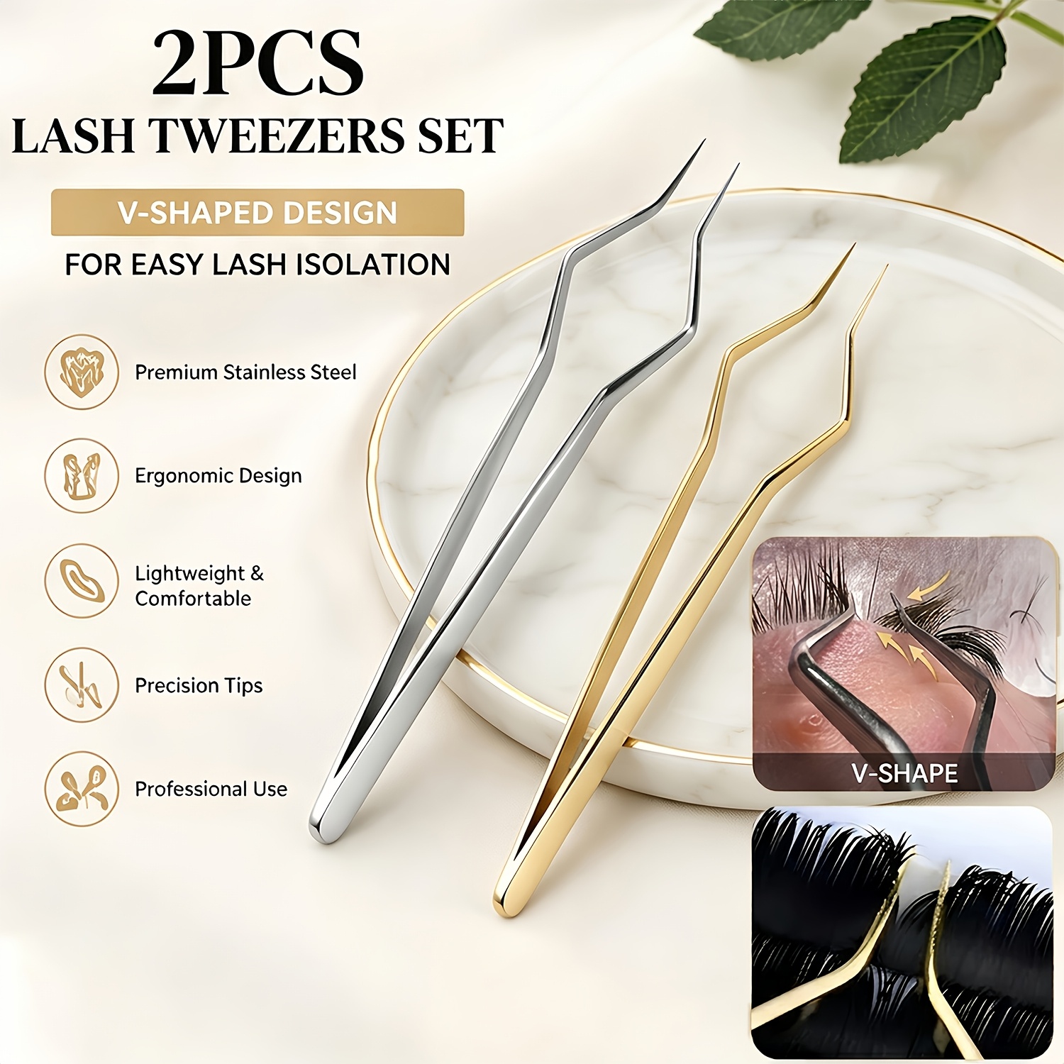 TEMU Ensemble de 2 pinces à épiler professionnelles pour extensions de cils, pinces à isolation de cils en acier inoxydable de V, pinces à séparer