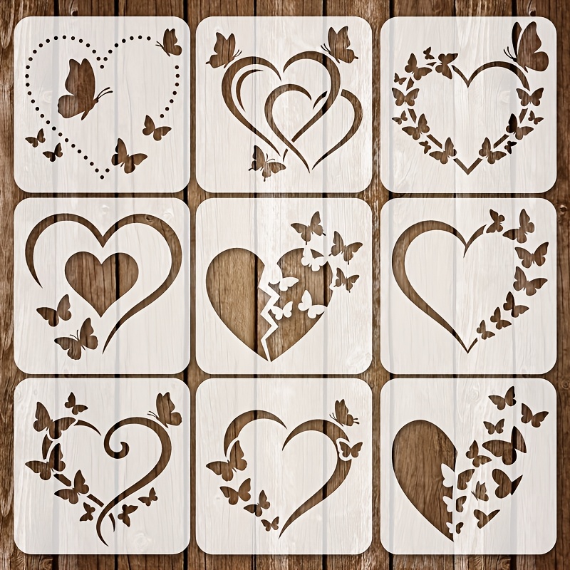 TEMU Reusable Stencils 9pcs Set, Heart And Designs, Perfect For Projects, Painting, Home Decor, Wall Art, Valentine's Day Crafts, Scrapbooking, And