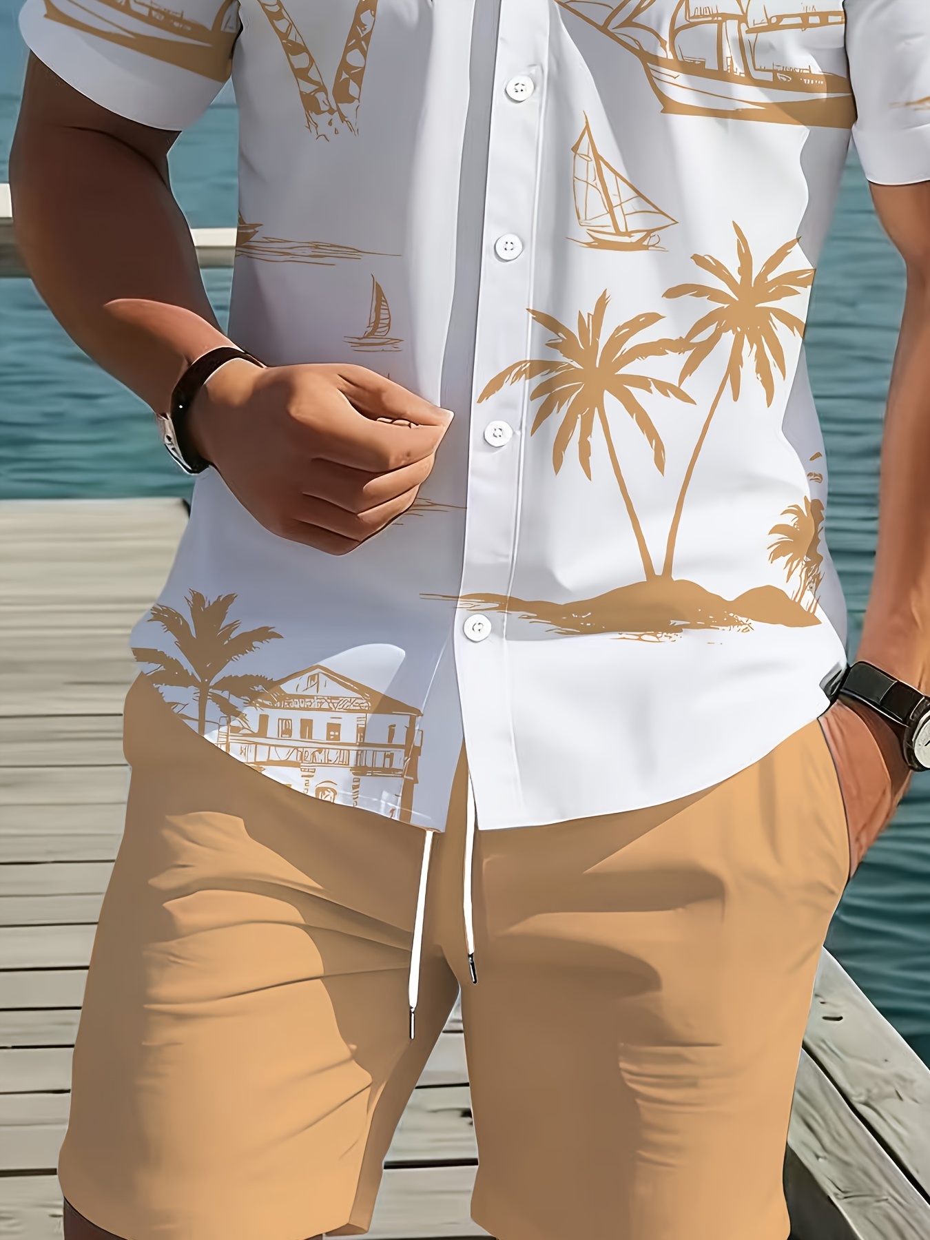 Conjunto de Verão Casual Diário para Homem, 2 peças, Camisa e Calções