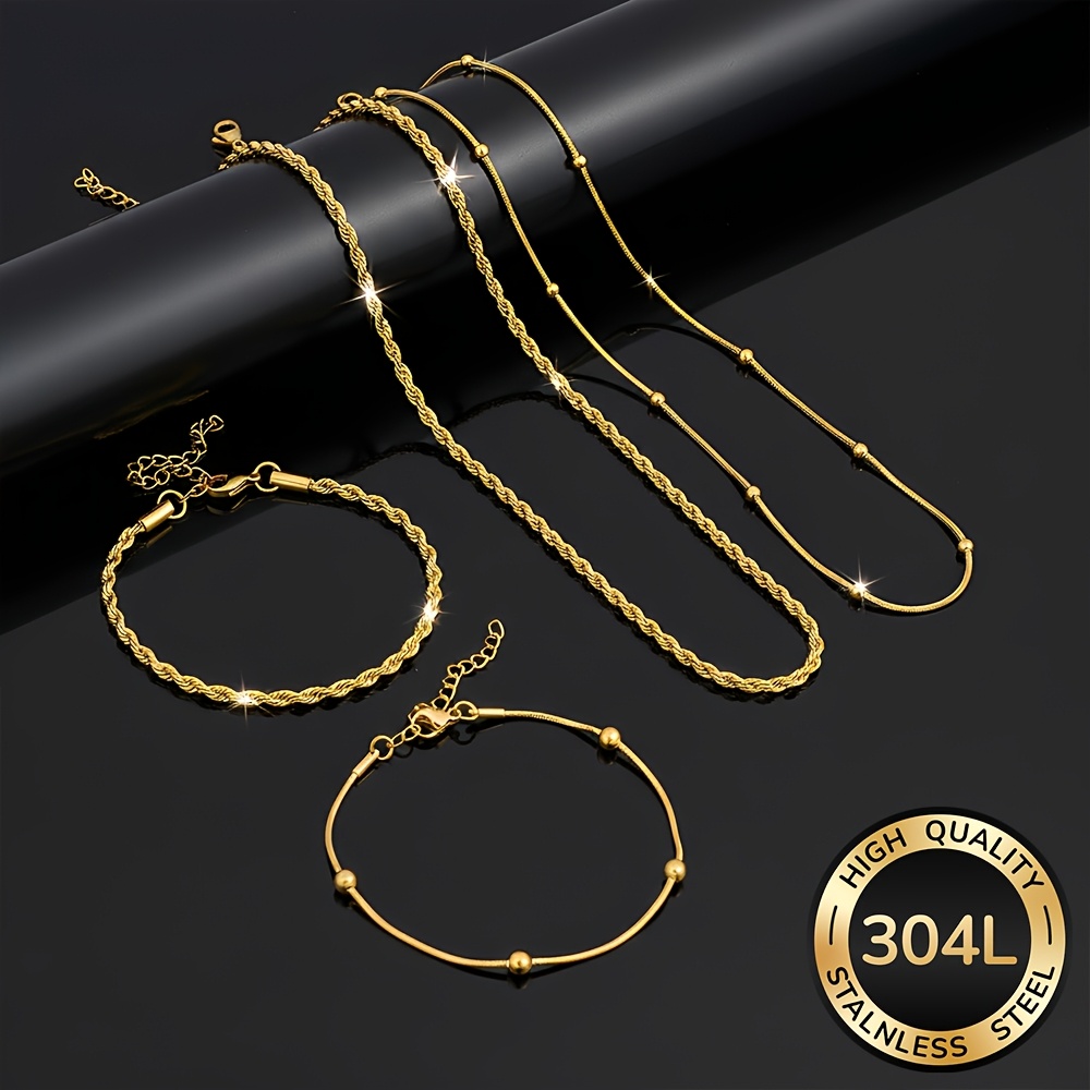 TEMU 4pcs Set 18k Gold-plated Waterproof Non-fading Stainless Steel Jewelry Set. Simple, , And Versatile Heart Chain And Twist Chain Necklace, An