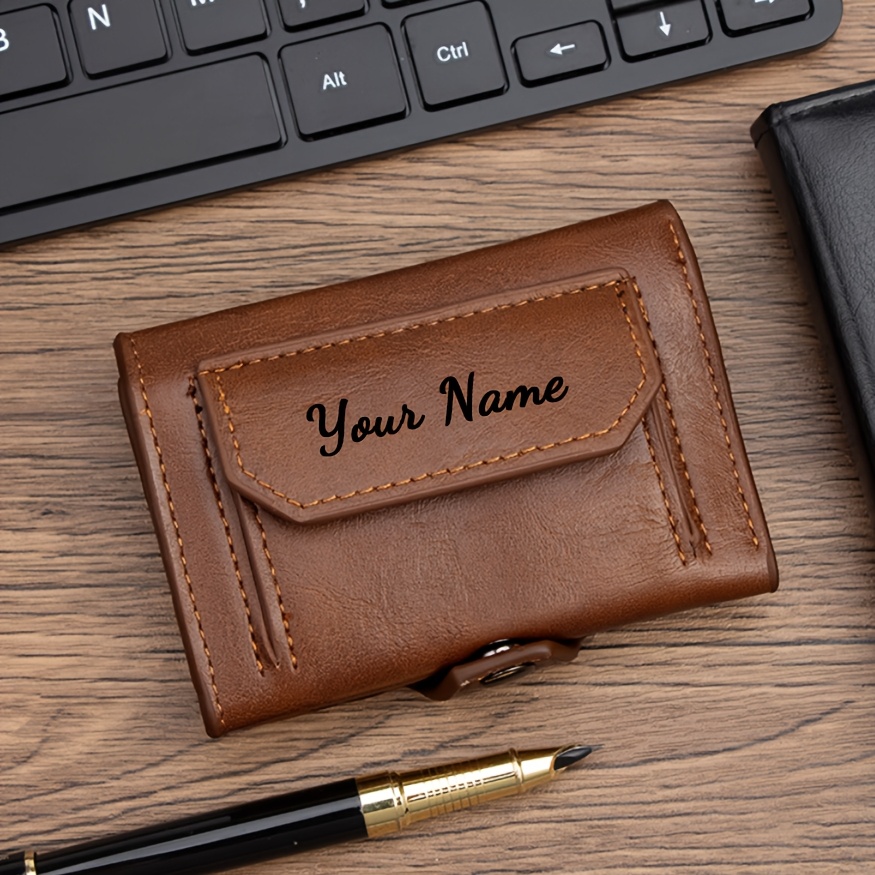 TEMU Custom New Minimalist Vintage Pu Coin Purse With Personalized Name, Multi-card Slot Snap Closure Card Holder, Portable Wallet Card Case With