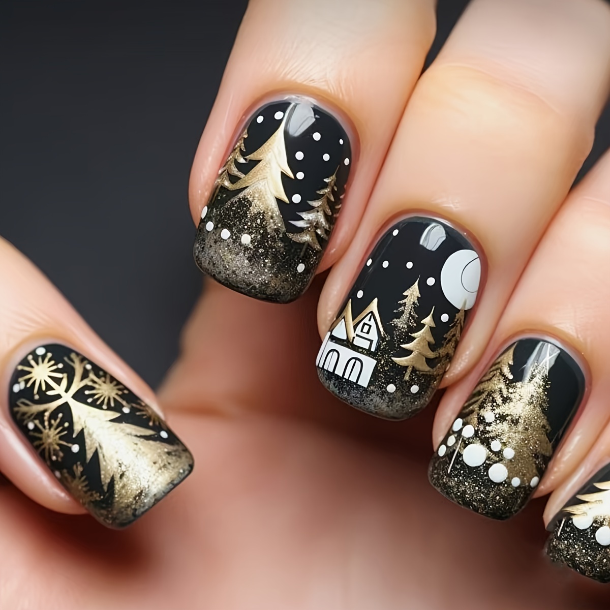 

24pcs Christmas Press-on Nails Set - Medium Length, Black With Golden Glitter & Designs, Square Shape, - Holiday