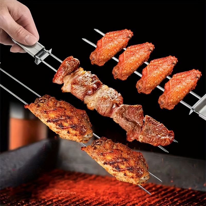 2pcs double ended reusable stainless steel barbecue fork semi automatic outdoor bbq barbecue tool portable barbecue skewer lamb hot dog fork camping picnic party bbq accessories bbq gadgets details 3