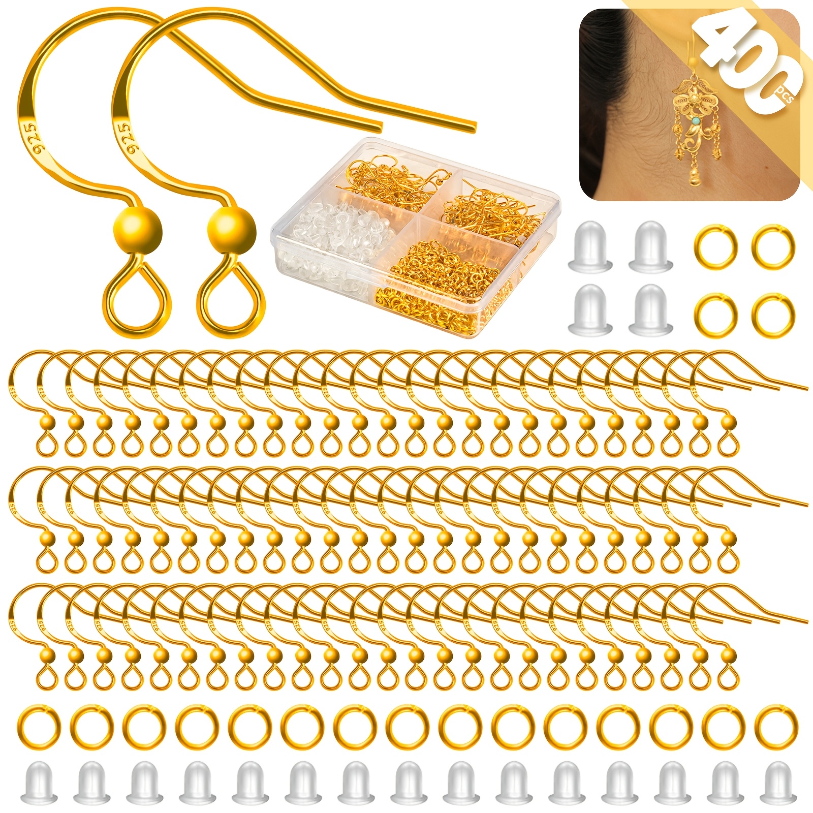 TEMU 100pcs/50 Pairs Hypoallergenic 925 Silver Plated Copper Earring Hooks Set With Jump Rings, 200pcs Rubber Backs, Storage Box - Jewelry Making Supplies And Findings Kit
