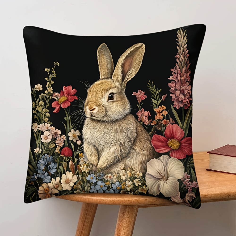 

[1pc Easter Rabbit Pillow Cover] Vintage Easter Bunny & Throw Pillow Cover, Short Plush Polyester, Machine Washable, With Zipper Closure, For Decor, 18x18 Inch