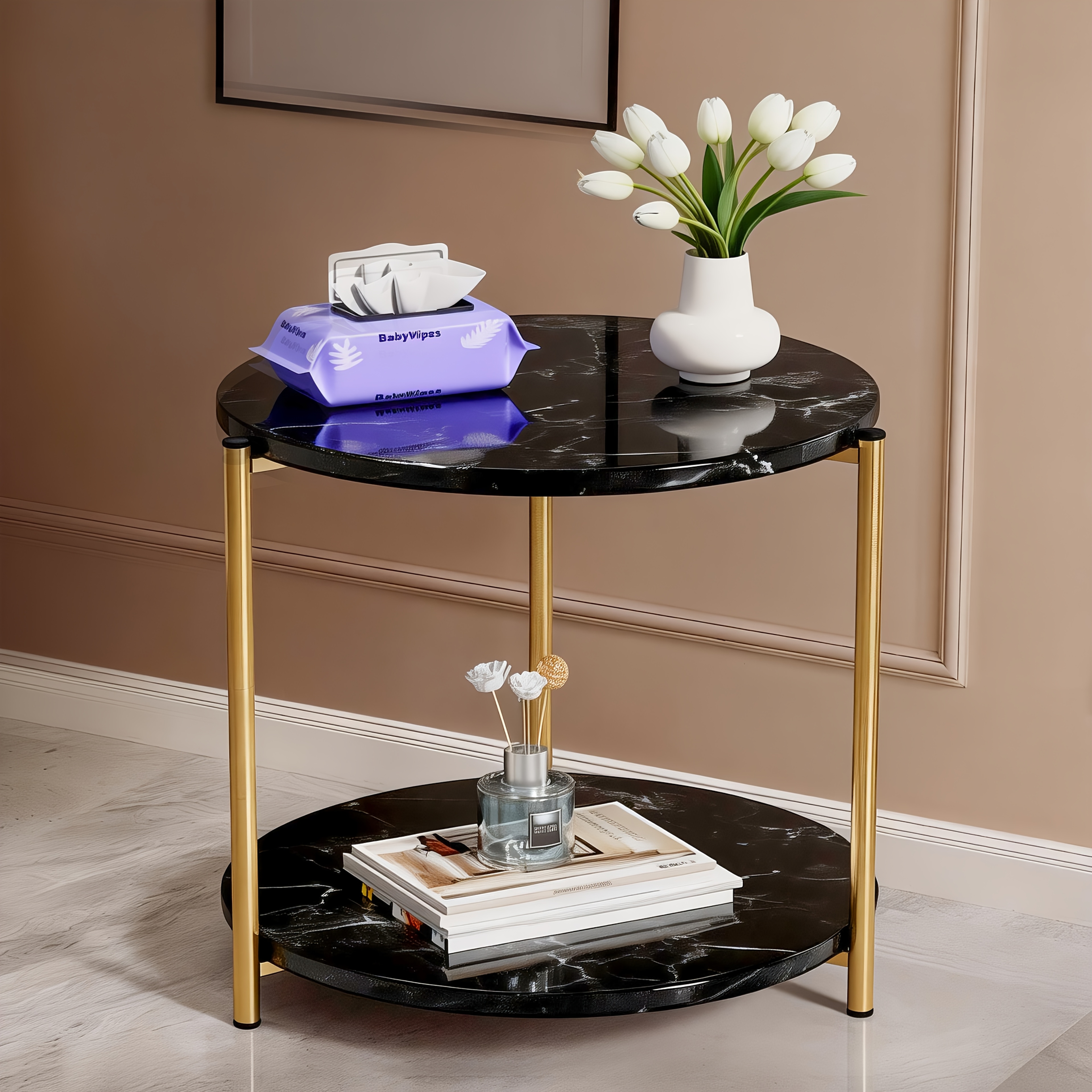 TEMU Table d'appoint ronde à double couche, table basse, table de salon, table décorative à double intérieur et extérieur, renfort en métal doré à