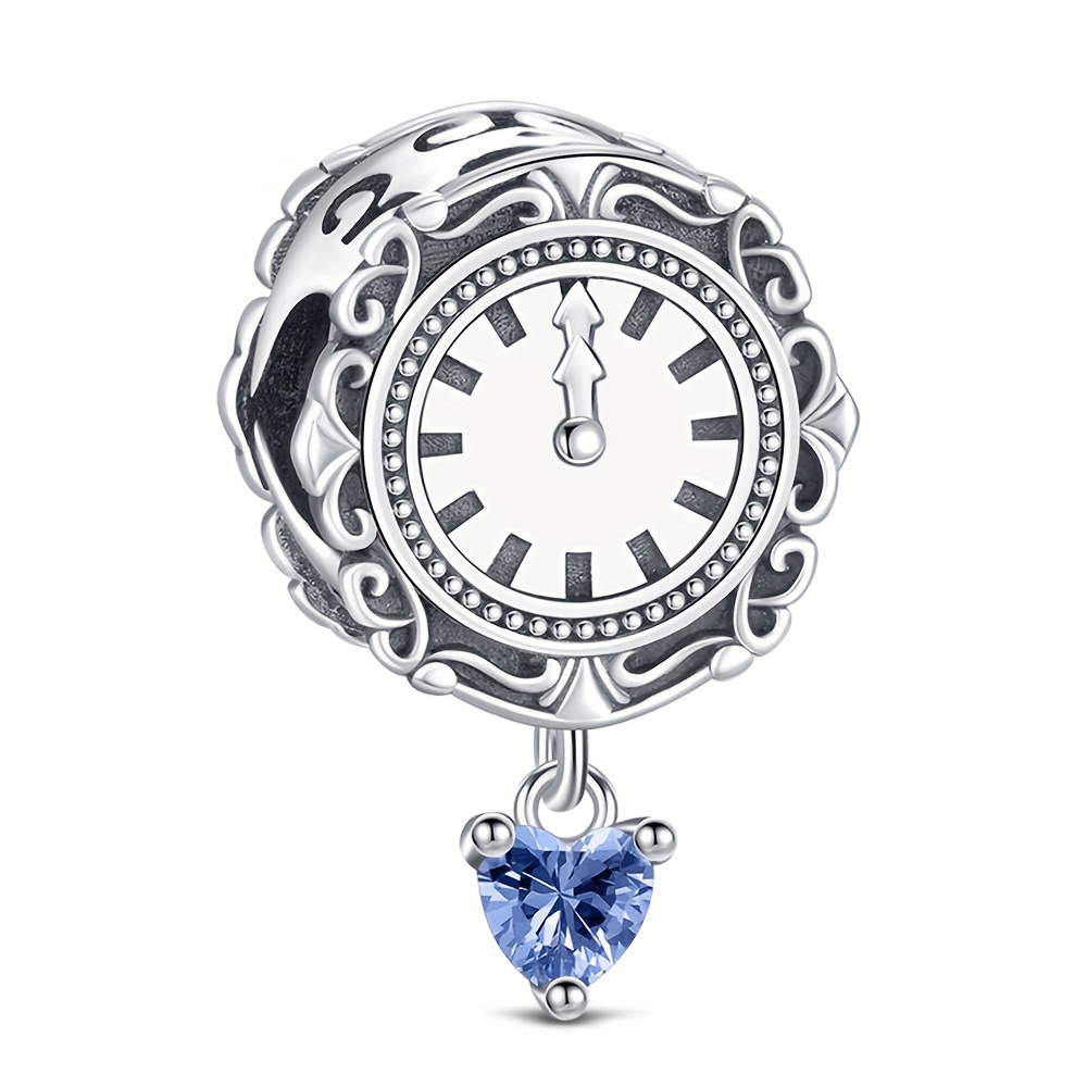 

1pc 2025 New Year 925 Silver Retro Clock Charm With Blue Synthetic Zirconia, Diy Pendant For Bracelet Necklace, Jewelry Making Gift For Anniversaries, Birthdays, Holidays