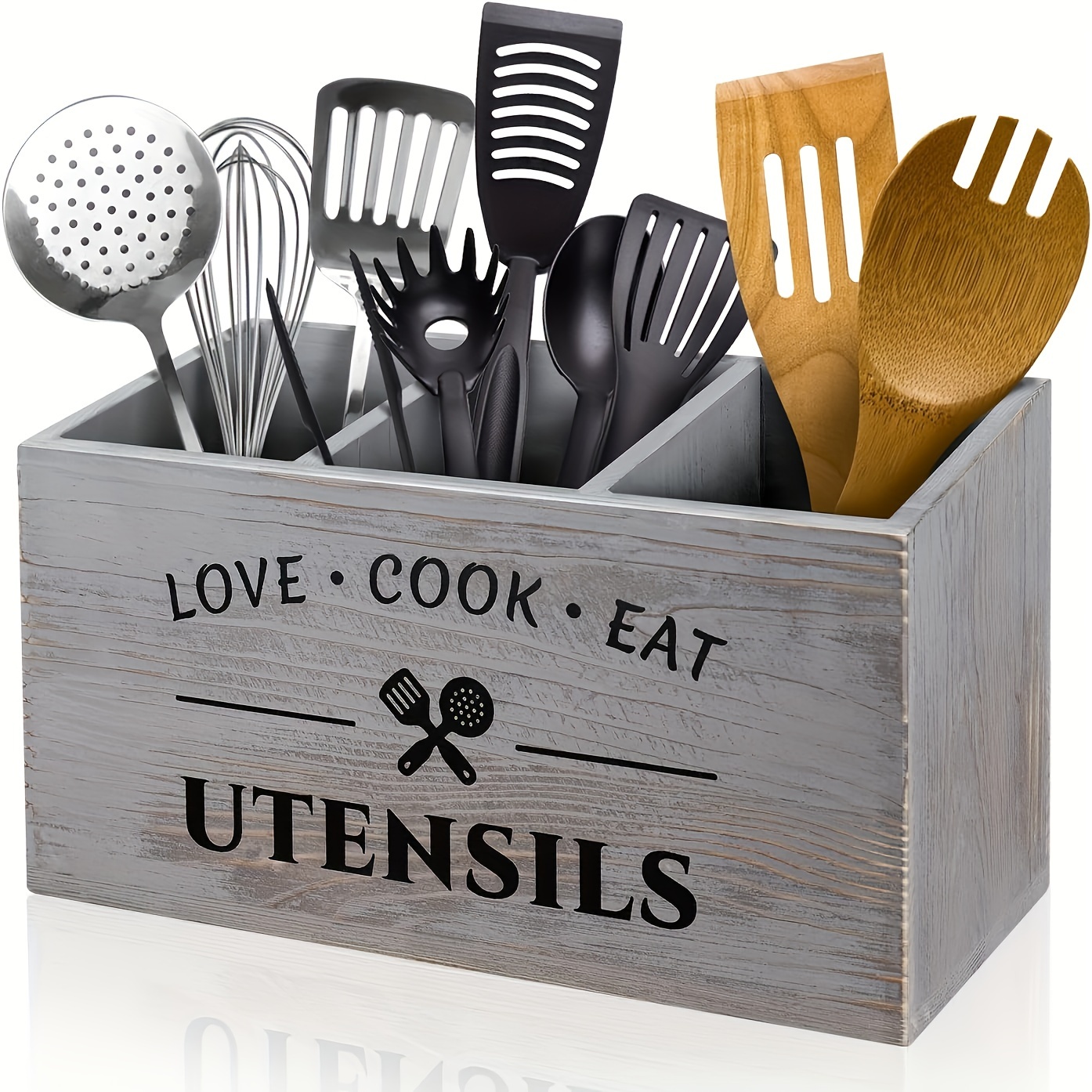

Wooden Flatware Organizer With 3 Compartments - Rustic Utensil Caddy With "love Cook Eat" Inscription, Tension Mount, Lightweight Kitchen Storage For Home And Restaurant (1pc)