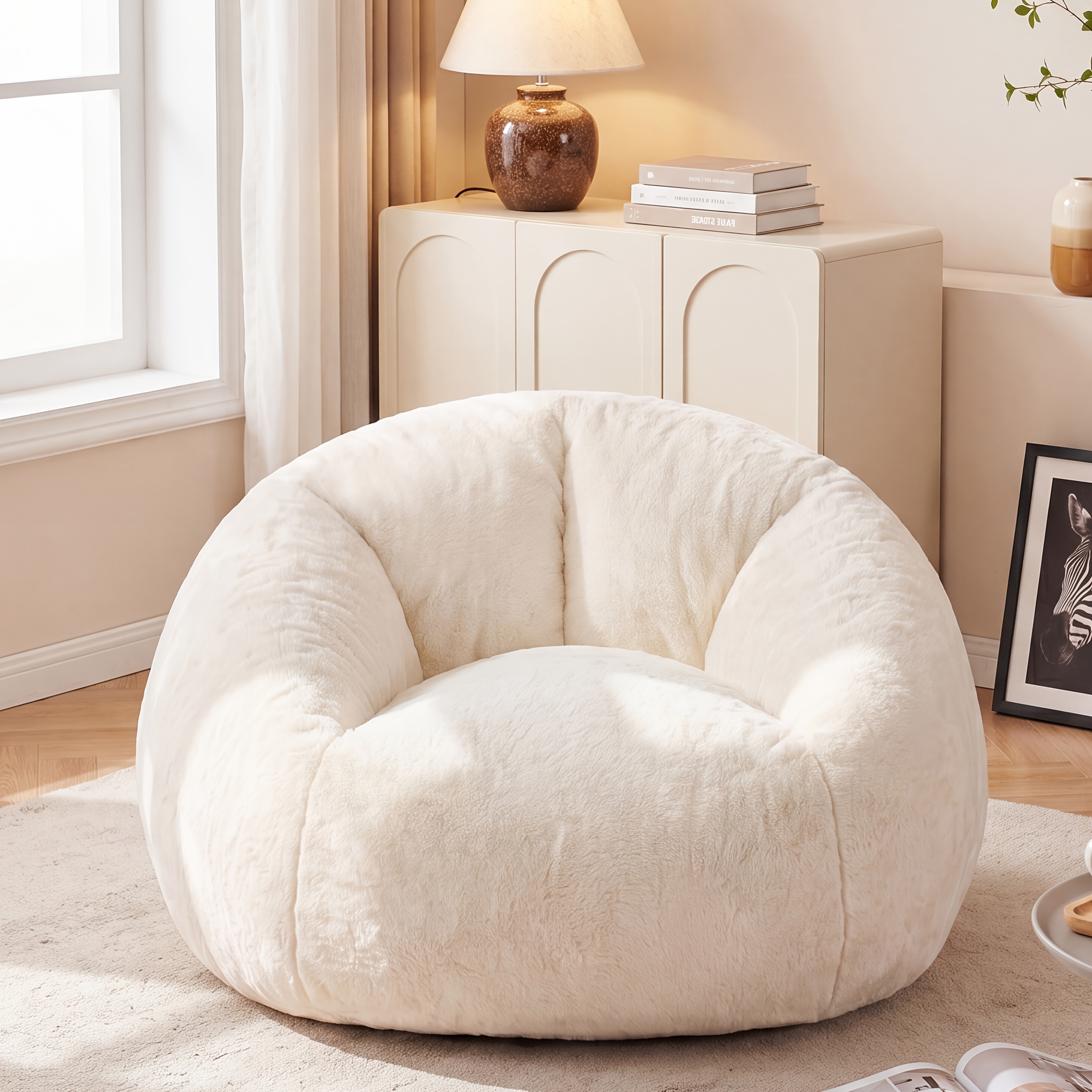 TEMU Grand pouf de détente, canapé rembourré de mousse à mémoire de avec tissu en fausse fourrure pelucheuse, droit et assemblage , chaise moelleuse