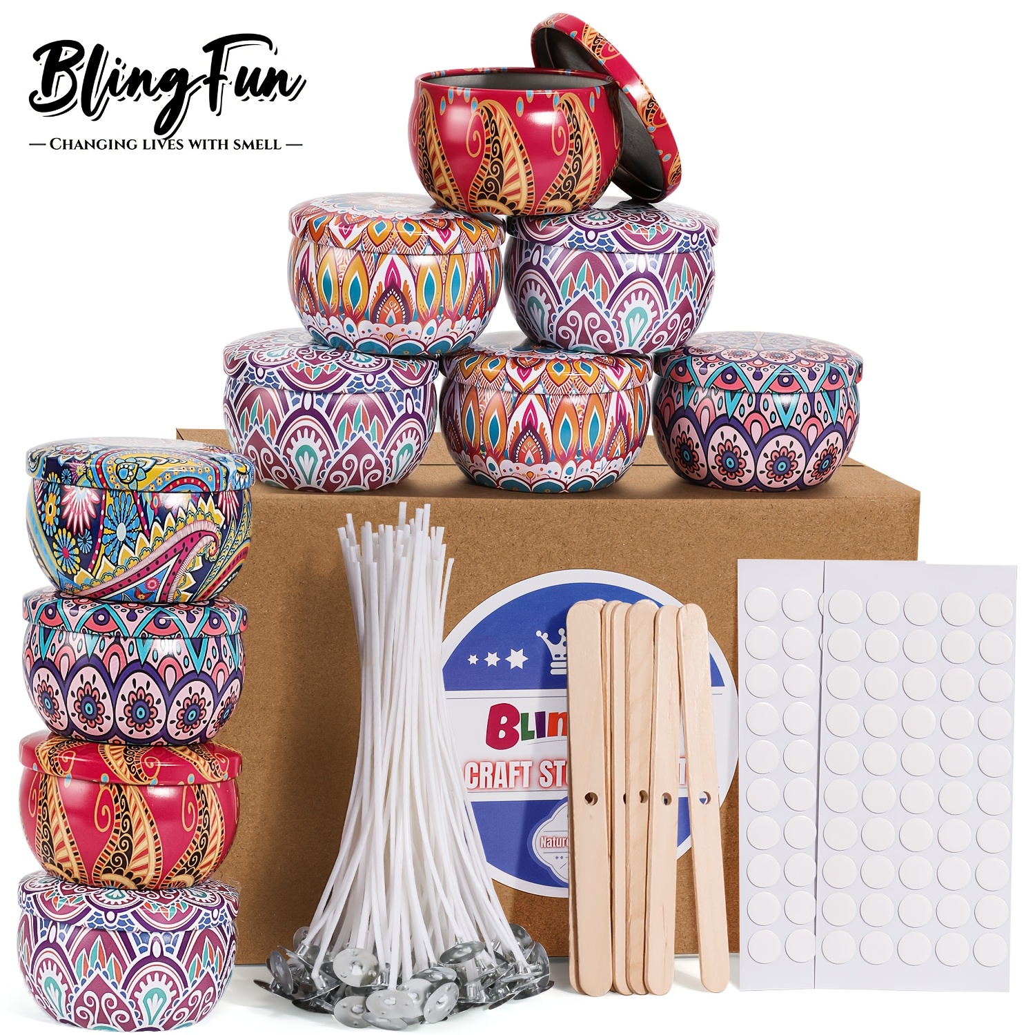 Blingfun Комплект за правене на свещи 220 бр., Включва 10 бр. екологични бурканчета за рисуване 2.2 унции с капаци, 100 бр. фитили за свещи, 100 бр. стикери и 10 бр. държачи, за DIY занаяти и подаръци за празници - Восък не е включен