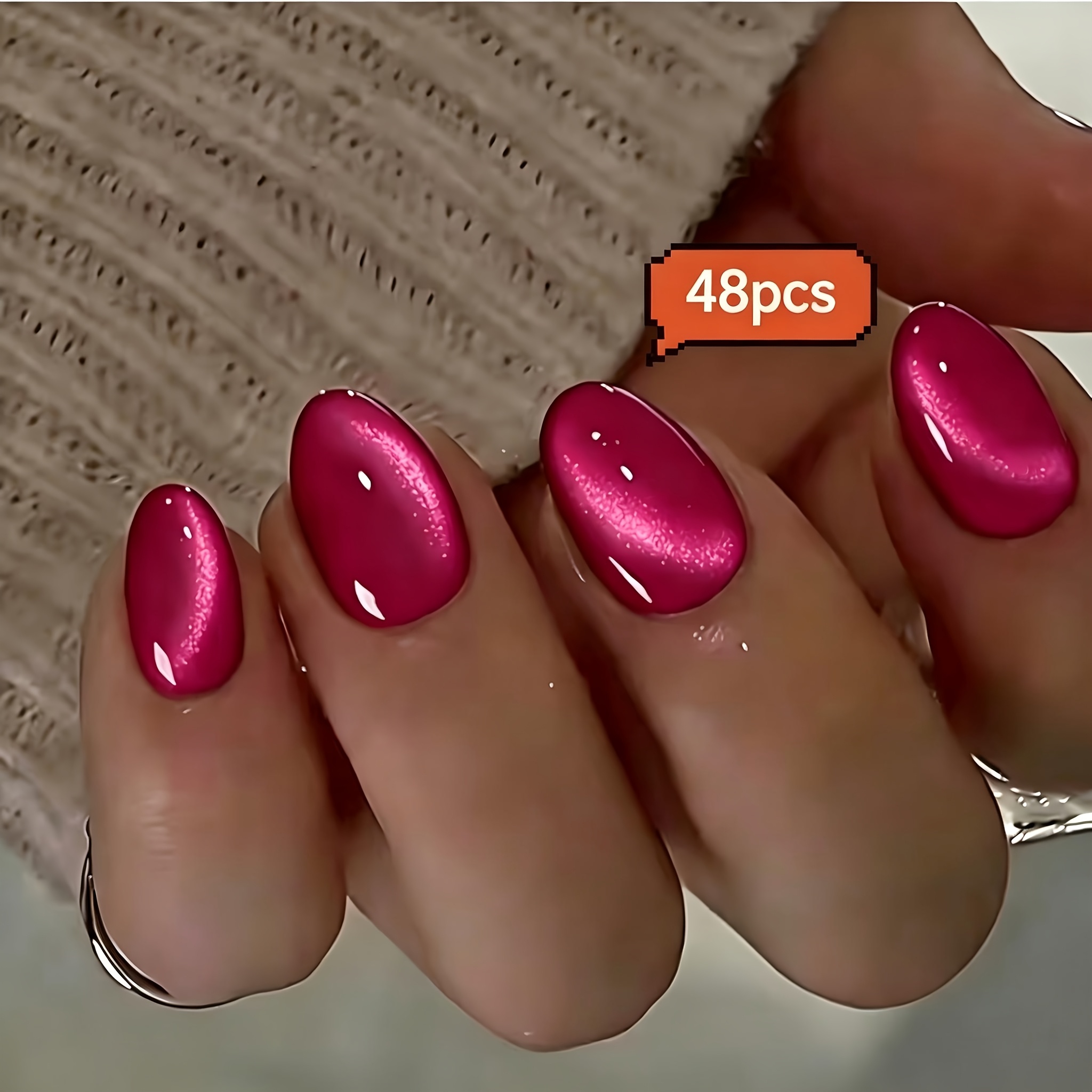 TEMU 48pcs Hot Pink Glazed Press On Nails Suitable For Women - Short Oval Fake Nails With Cat Eye, Shiny Glitter Finish & Reusable Stick-on Tips,