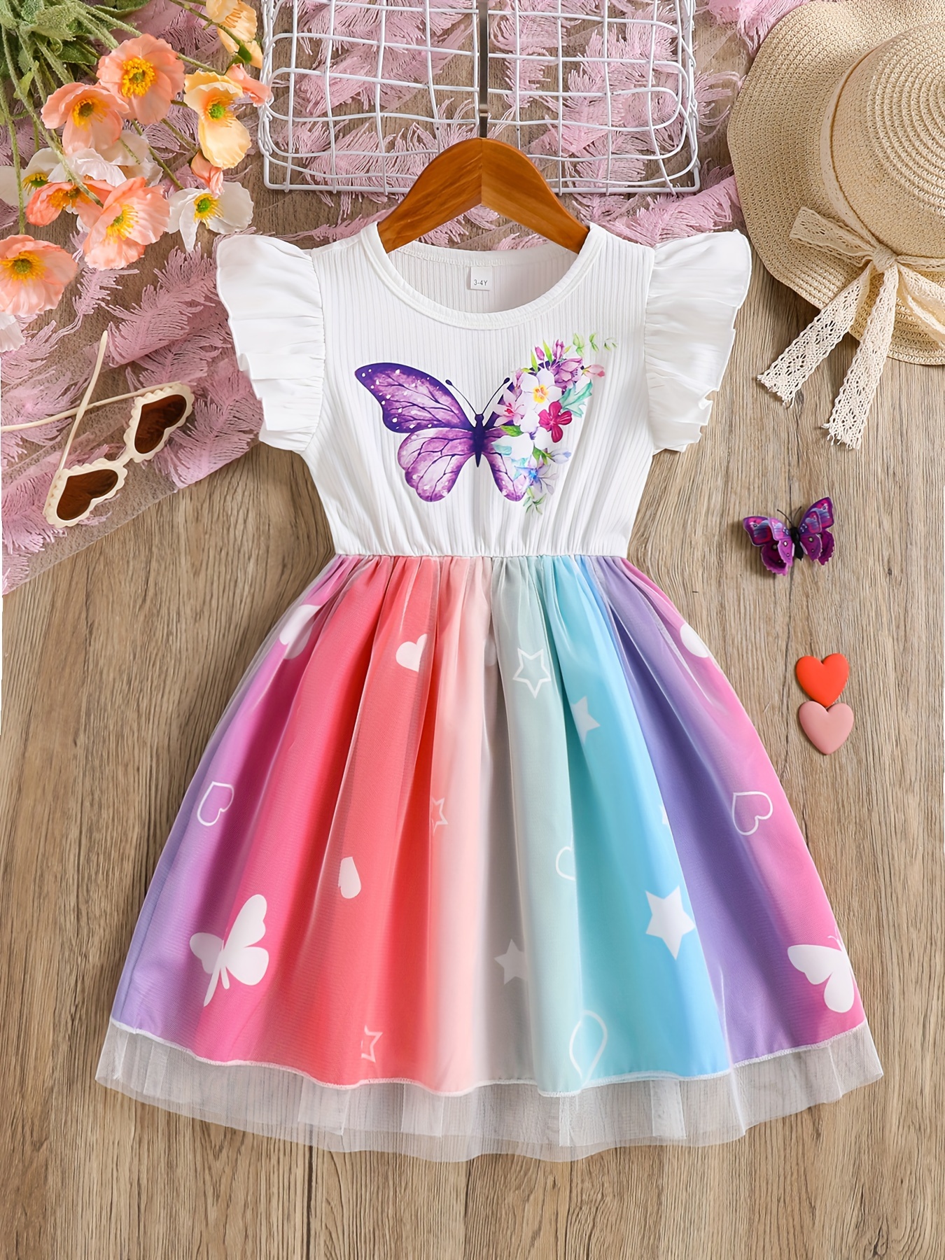 pattern mesh splicing ruffle dress girls spring Temu Ireland