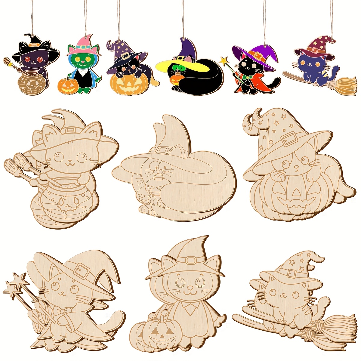 TEMU Halloween Decoration Kit, 24 Unfinished Wooden Ornaments, Painted Pendants - - Ideal For Celebrations, Birthdays, And Room Decor
