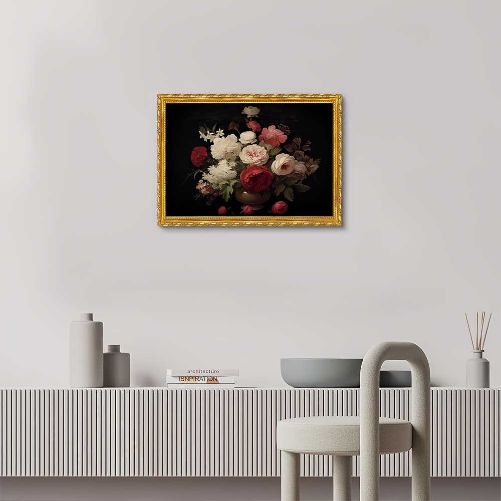 2d flat 1pc elegant   canvas art with   11 8x15 7 inch dark   roses peonies painting vintage inspired wall decor for living room framed canvas wall art