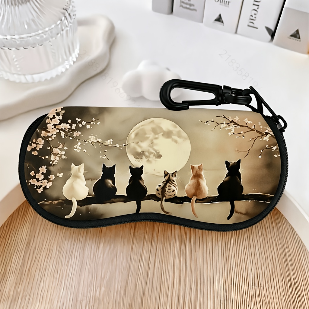 Image of 1pc Vintage Moonlight Cat Pattern Zippered Case, Portable Neoprene Zippered Eyeglass Case, Fits All Types And Sizes Of Glasses, Suitable For Men And Women