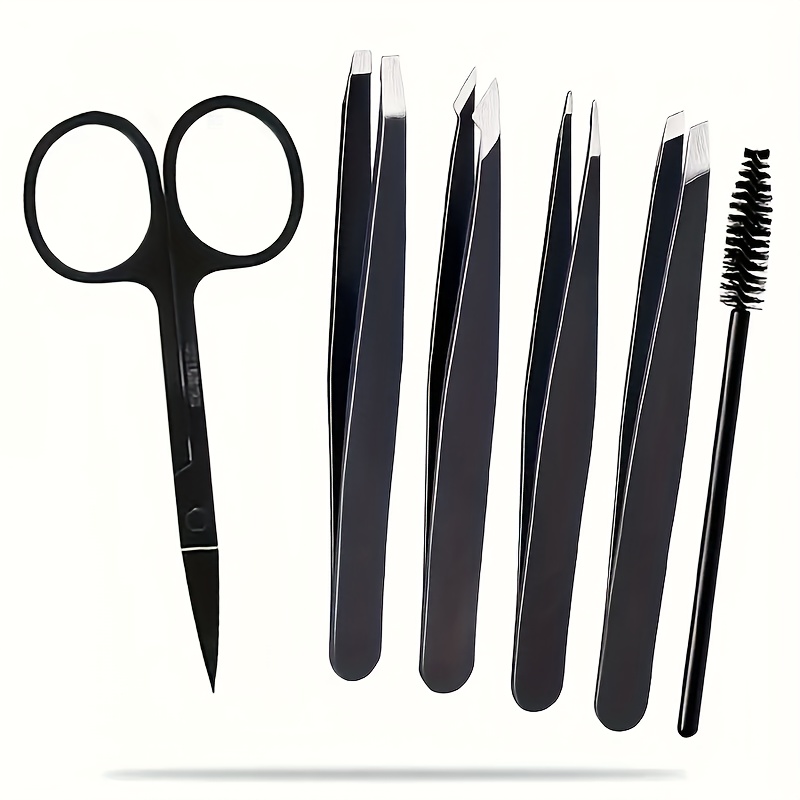 TEMU 6pcs Eyebrow And Lash Grooming Set, Includes 4 Tweezers, 1 Cosmetic Scissors, And 1 Lash Brush. Tools For Eyebrow Tweezers, Eyebrow Scissors,