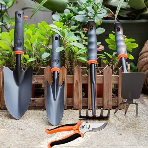 5pcs gardening tool set with anti slip rubber handle heavy duty sturdy and durable classic and practical 2 shovels rakes plowing and transplanting tools rust proof iron tools rubber grip