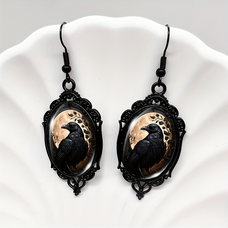 Funky Earrings With Black Lace Frame, Alloy & Iron Ear Hooks, Glass Inlay - Gothic Bird Jewelry For Gifting (1 Pair)