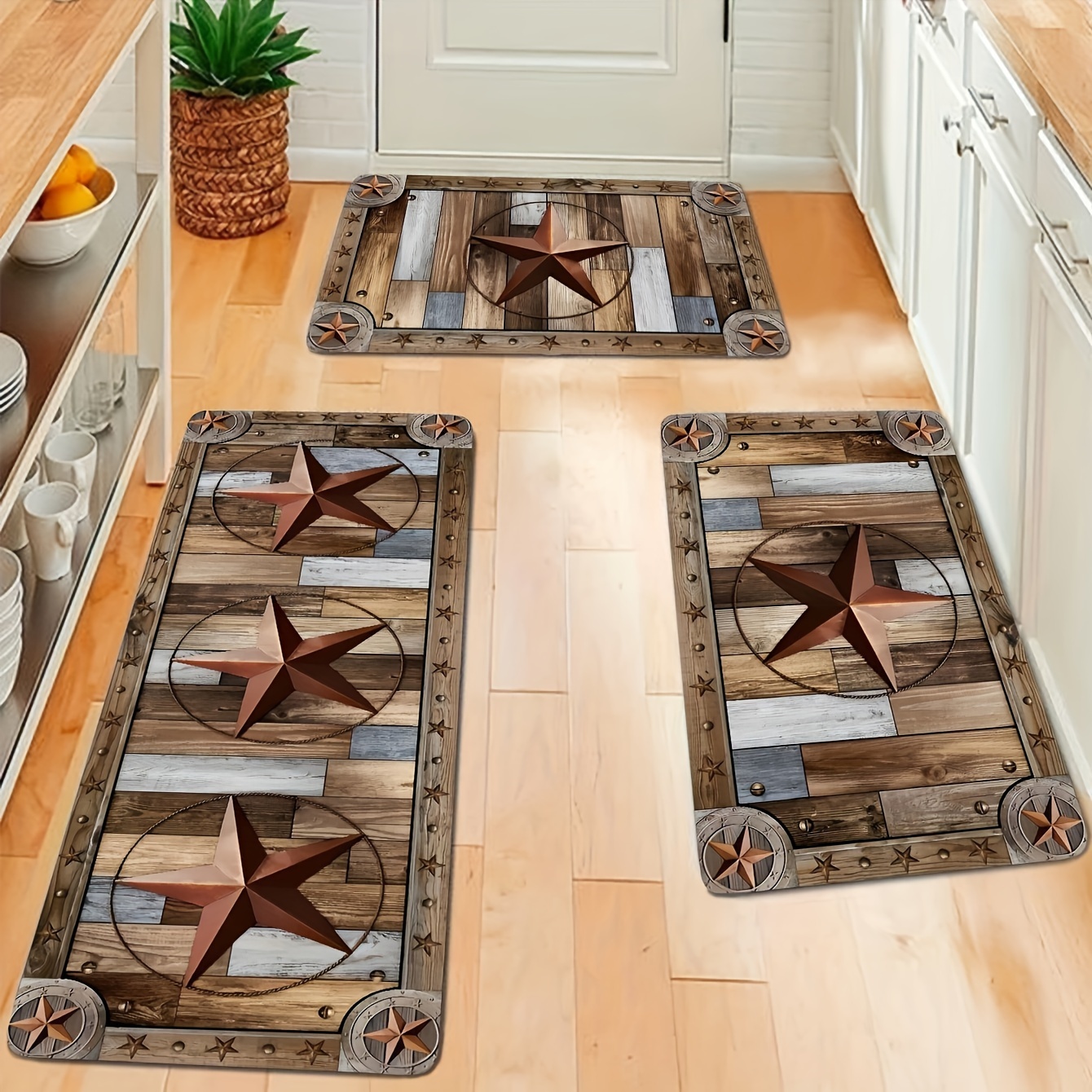 

Design Kitchen Rugs Set Of 3 - Machine Washable Non-slip Absorbent Runner Mats For Bedroom, Living Room, Laundry Room, Bathroom - Rustic Wood And Metal Pattern, Polyester, Rectangular