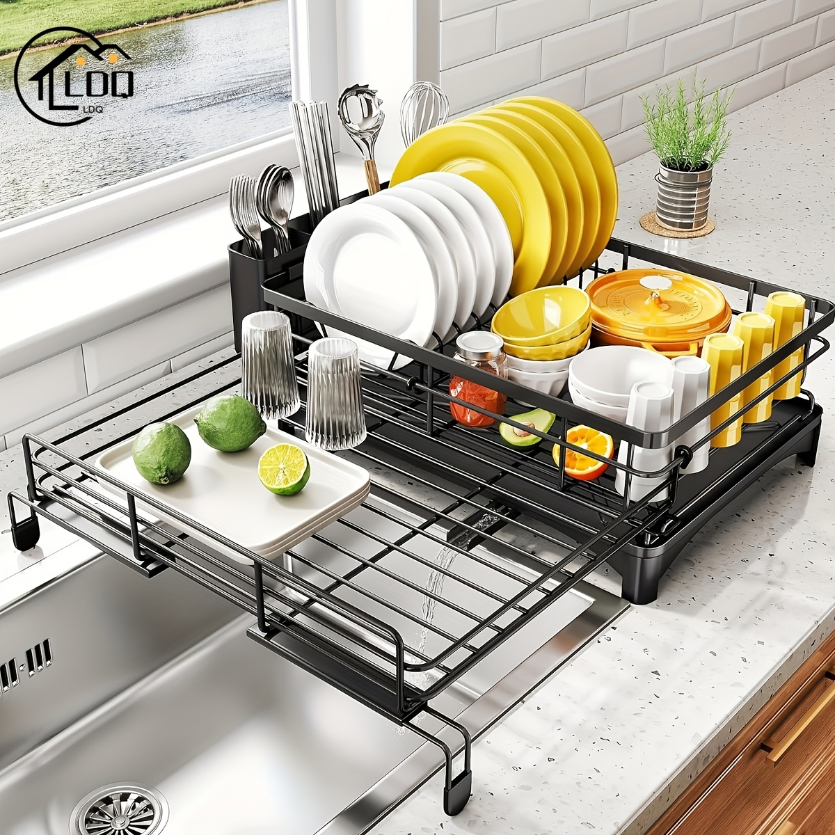 

2-in-1 Rust-resistant Metal Dish Drying Rack With Pan Slots, Utensil Holder, And For Space-saving Kitchen Counter And Sink Organization