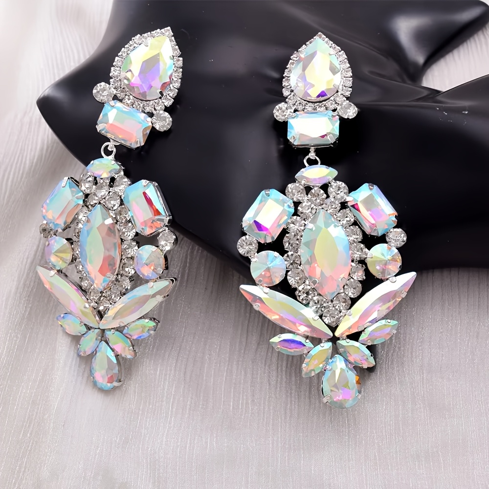 TEMU 2pcs 2pcs Bohemian Rhinestone Earrings Suitable For Wedding Bridal Party, Sparkling Geometric Pendant Dangle Ear Jewelry For Music Festival,