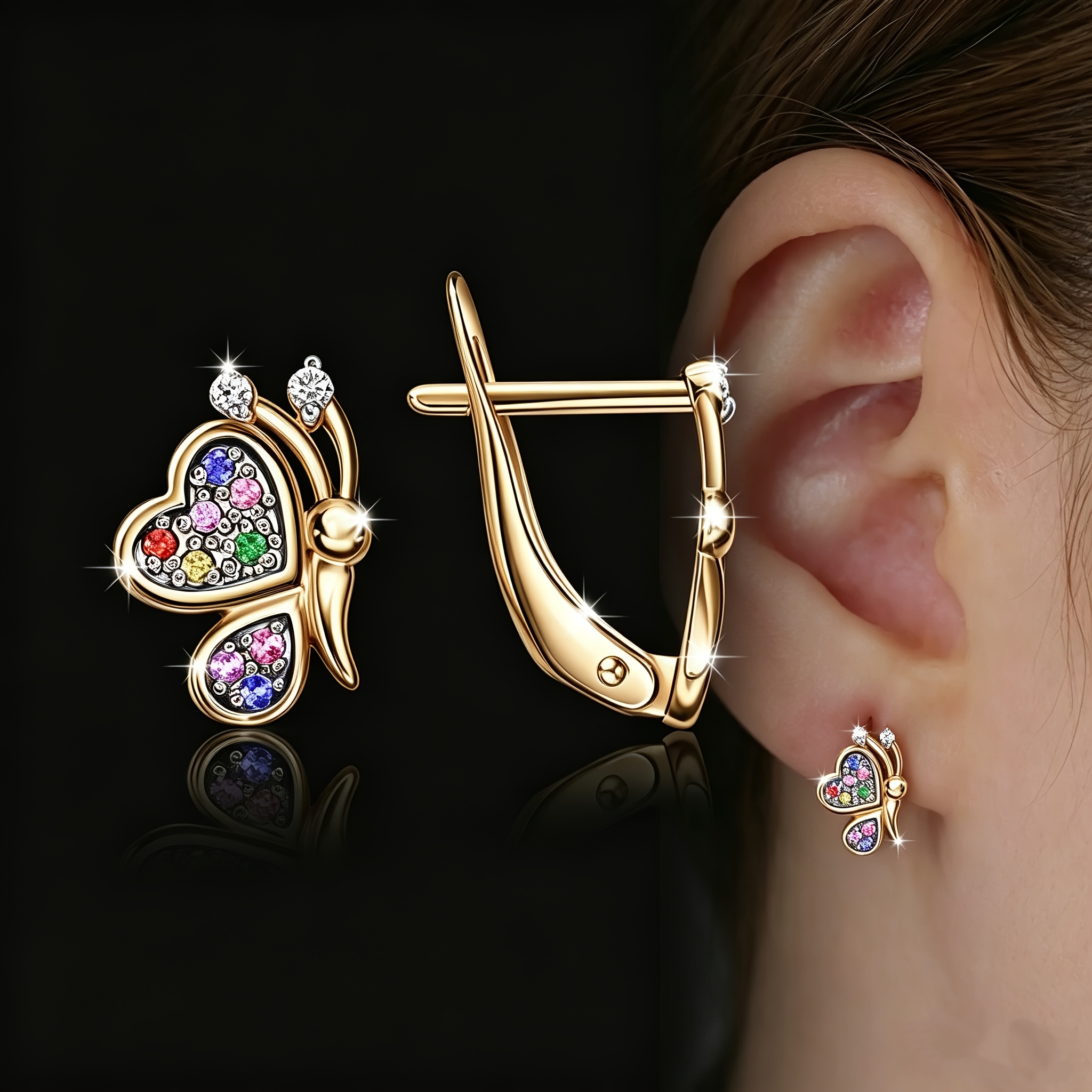 TEMU 1 Paire de Boucles d'Oreilles Exquises et Tendance pour Femmes, de Cœur et de Papillon, avec Synthétique de Couleurs, Bijoux de Fête , Cadeau