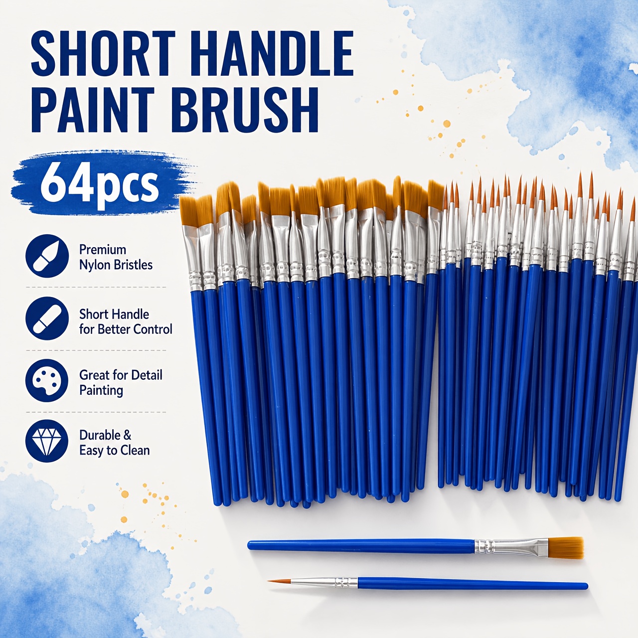 item picture 64pcs paint brushes nylon bristle art brushes with blue plastic handles flat and round tip painting brushes multi   brushes for acrylic watercolor oil painting crafts