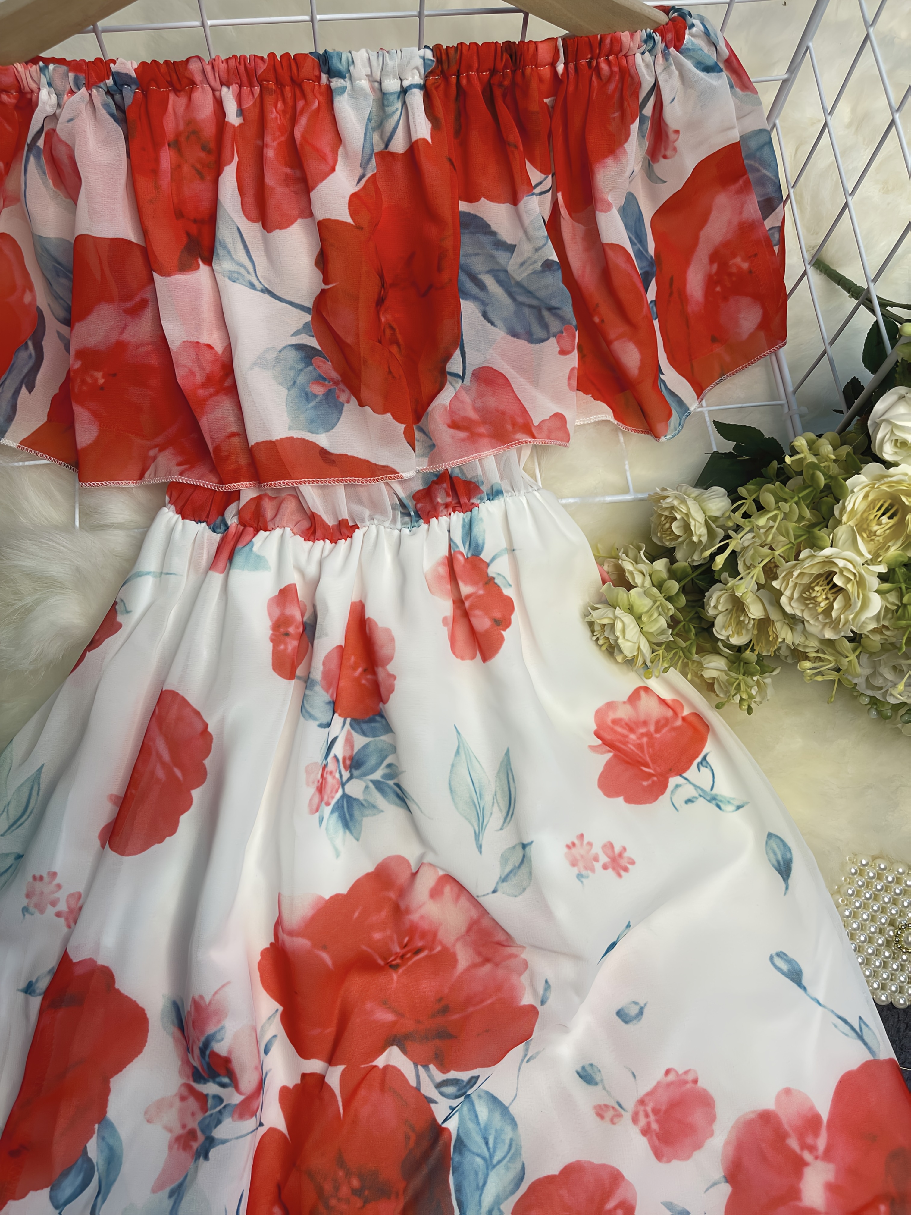 open lace back dress Red Floral Paisley Ruffle Off Shoulder Maxi Dress main image 0