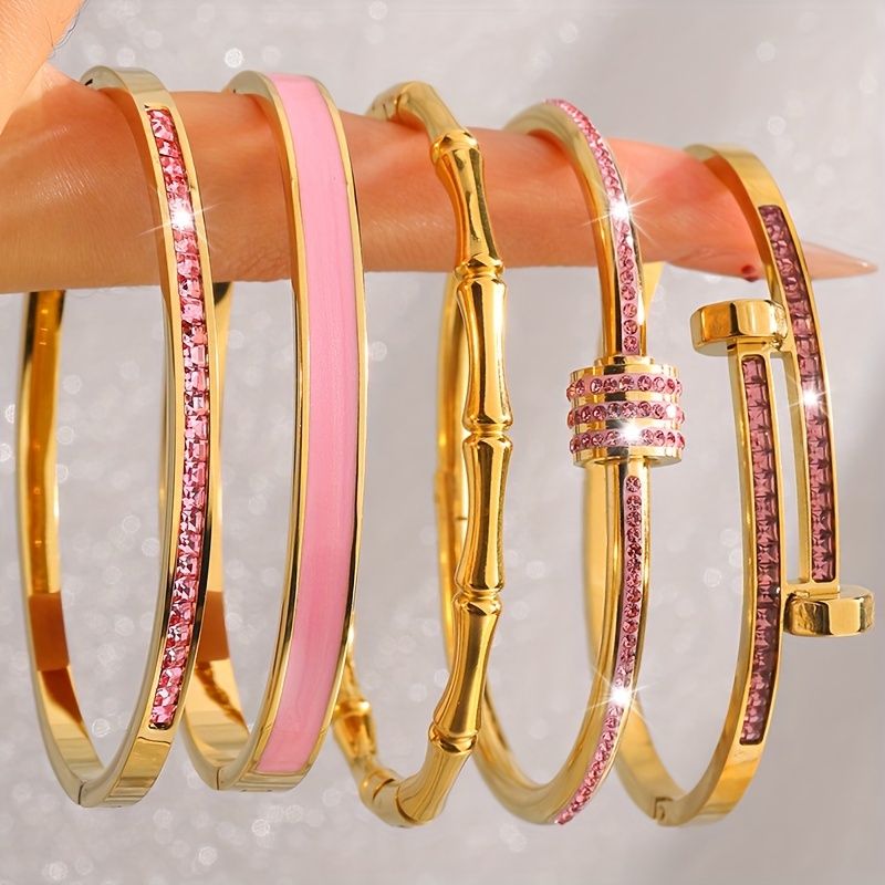 

5pcs Elegant Stainless Steel Bracelet Set With Accents, Fashionable Bangle Collection For Women, Luxurious Jewelry Gift