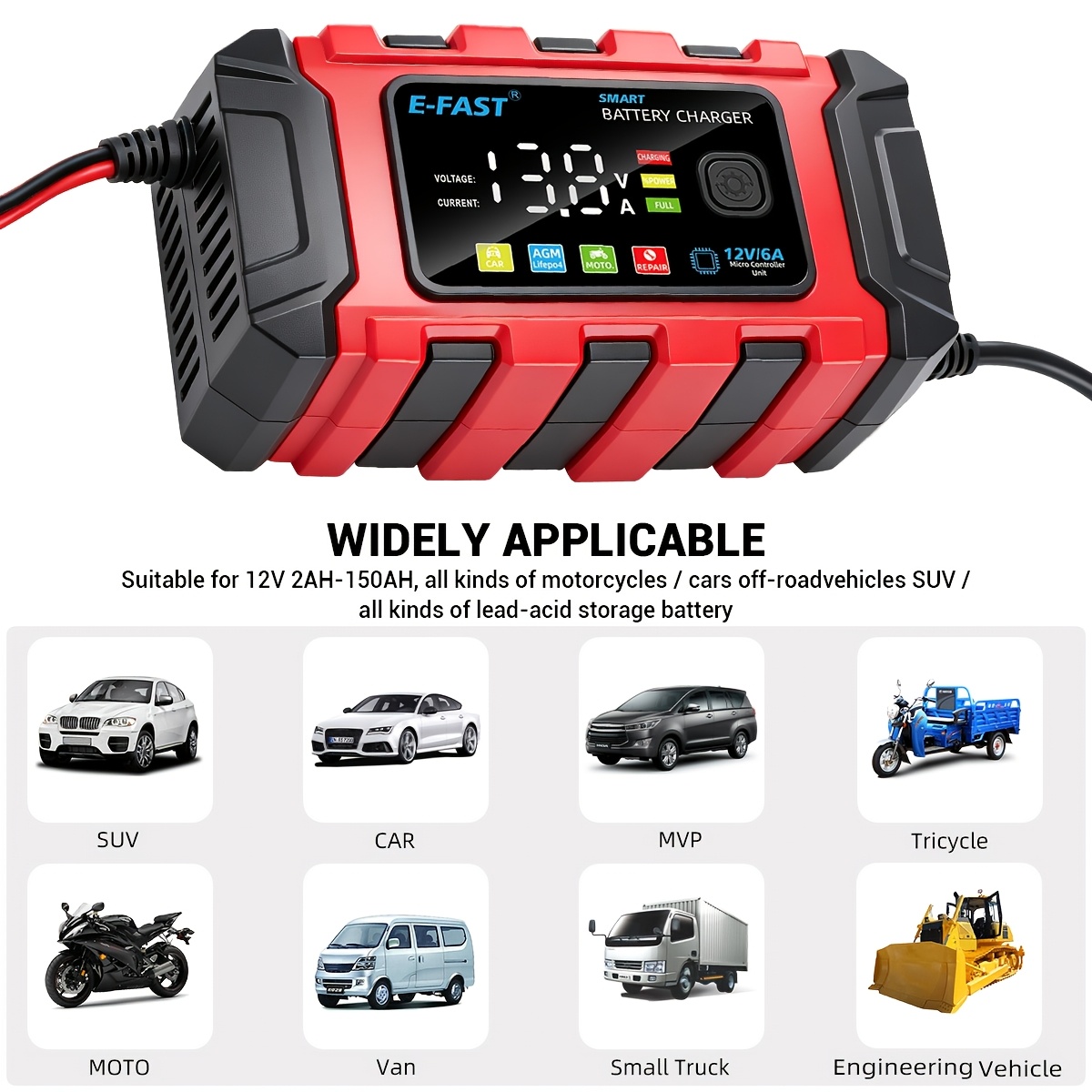 12V 6A Smart Car Battery Charger with LCD Display