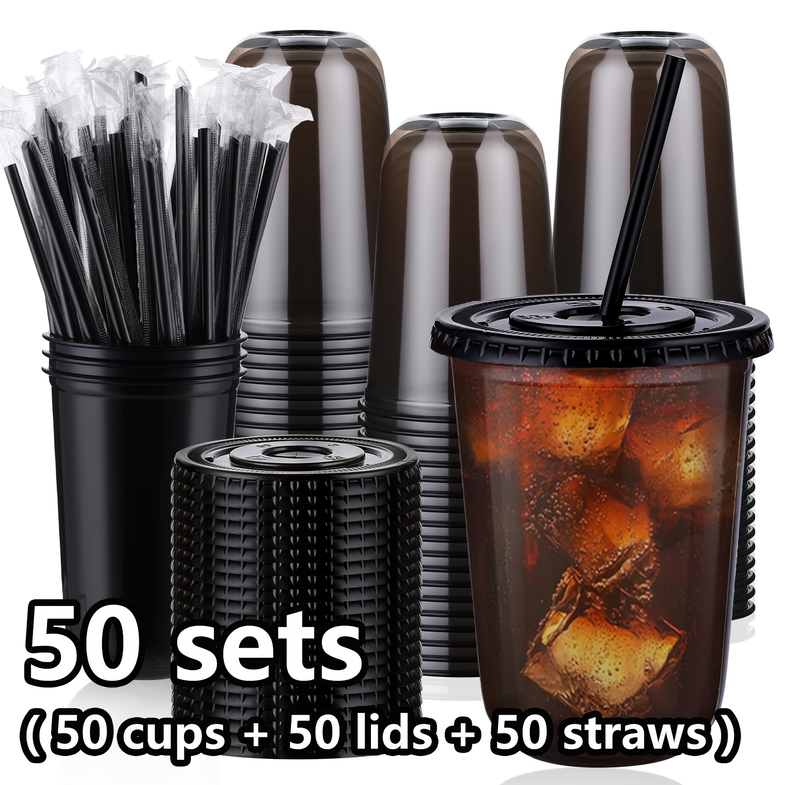 TEMU 50 Sets Of 16 Ounce Black Transparent Cups With Lids And Straws - Disposable Cold Drink Cups For Iced Coffee, Milk Tea, Smoothies, And Party