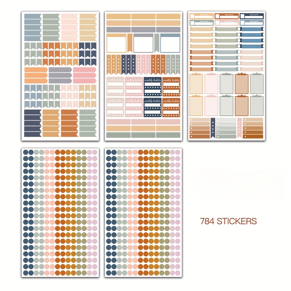 5-sheet Set - 784 Stickers, Daily Planner Color-coded Planning Stickers - Muted Neutral Tones Minimalist Dot Labels