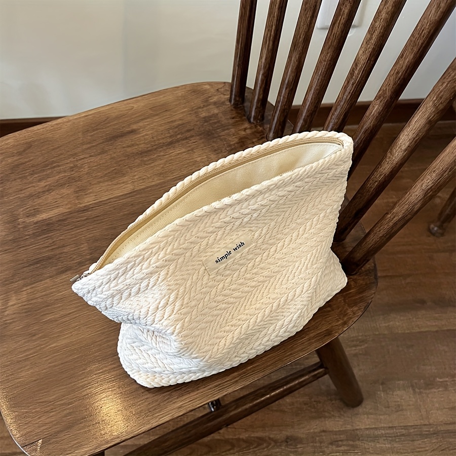 Image of 1pc Elegant Wheat Pattern Woven Fabric Handbag - Zippered Makeup Pouch With Golden-tone Hardware, Compact Square Design For Travel & Daily Use, Stylish Storage Accessory, Textured Finish